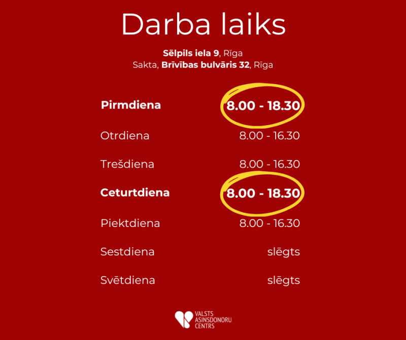 Valsts asinsdonoru centra ziedošanas vietu darba laiks Rīgā: Sēlpils iela 9 un Brīvības bulvāris 32. Pirmdienās un ceturtdienās darba laiks ir pagarināts līdz plkst. 18.30, pārējās darba dienās līdz 16.30. Sestdienās un svētdienās – slēgts.